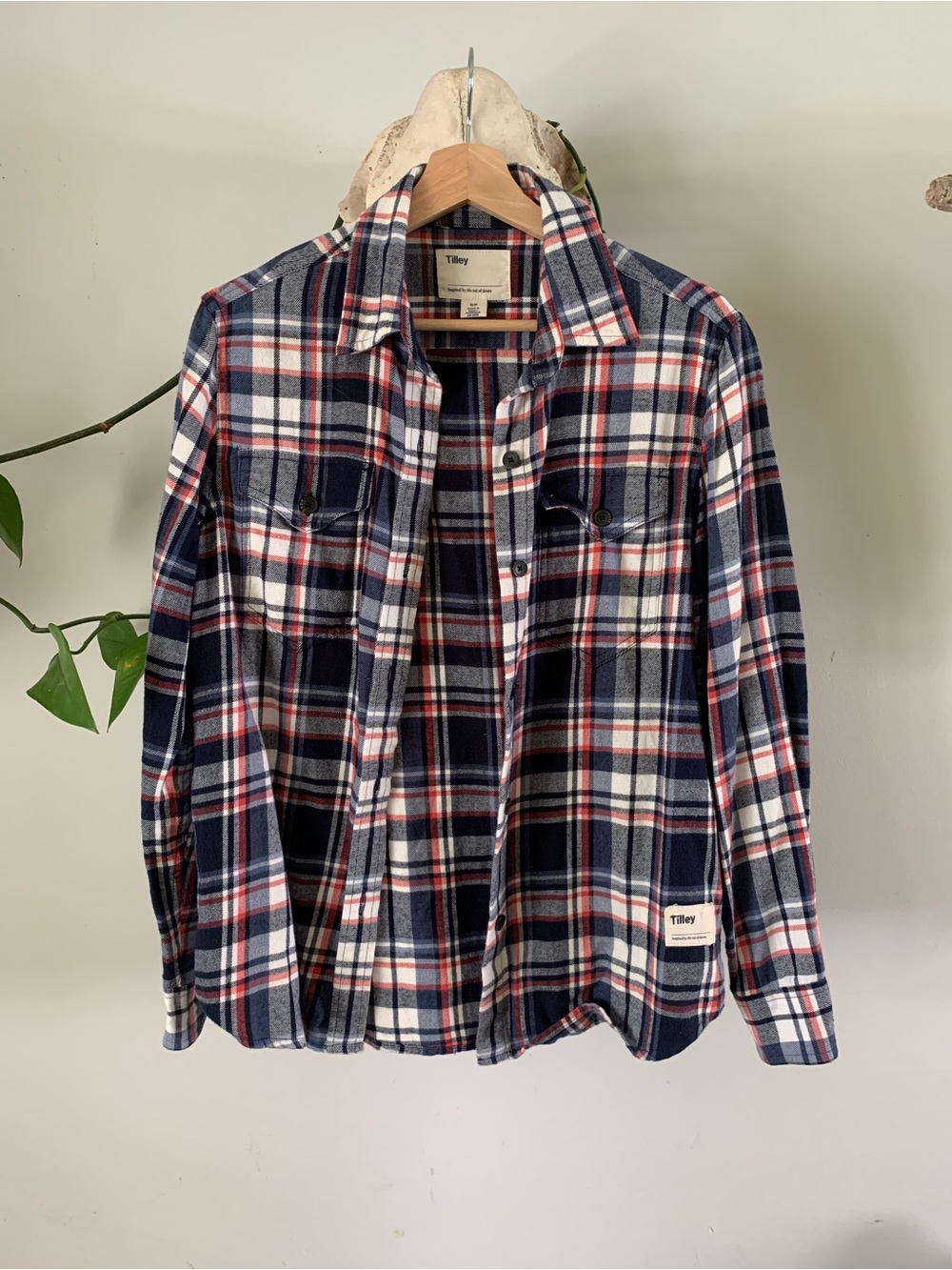 Tilley Women's Navy Red White Plaid Button-Down Shirt
